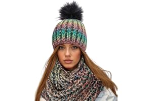 Solvera_Ltd Damen Winter Set: Warme Bommelmütze mit Fleece Futter & Loop Schal - Strick Beanie Meliert, Thermo Innenfutter. Weiches Acryl Rundschal