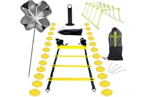 Scoutteemo Échelle de Rythme Entrainement Football,Échelle Entrainement,Ensemble D'entraînement Vitesseé 1 parachute résistance 1échelle coordination 5 haies réglables 24 cônes disque