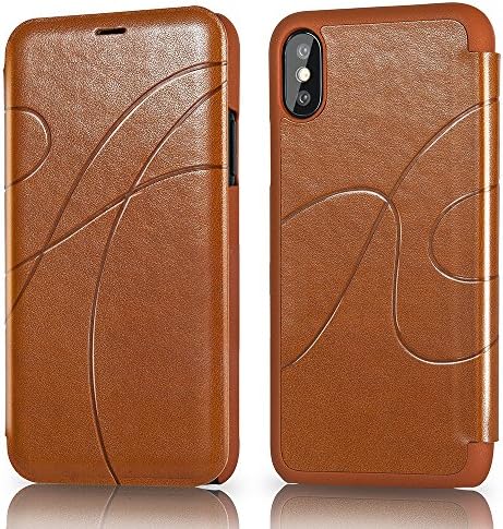 iPhone X Case, Reexir Slim Leather Folio Flip Wallet Case Cover with Card Slot Holder for Apple iPhone X (Light brown)
