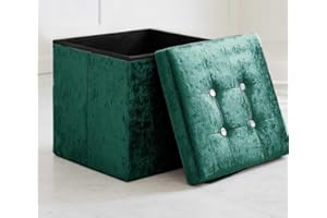 Home Republic Crushed Velvet Ottoman Storage Box – Foldable Cube Ottoman with Lid – Multipurpose Toy Chest, Foot Rest, Bench Seat & Nursery Storage Solution (Green Emerald, 38W)