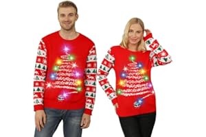 Kouric Pull Moche de Noel Femme Homme,Pull Noel Famille Lumineux LED Pull Noël Moche Drole Hiver Chaud Col Rond Renne Sweat Clignotant Manche Longue Outwear