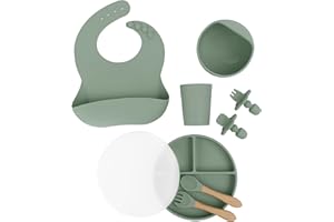 Yunioo Extra Heavy Silicone Baby Feeding Set Essentials, Premium 9-Piece Set of Baby Led Weaning Supplies with Silicone Baby Plate with Lid, Superior Suction Bowl and Baby Utensils - Green