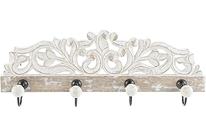 LEKE GO Perchero de pared mango madera tallado floral metal con 4 colgadores resistentes 40x9x13 cm (Tallada floral)