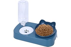 Cdemiy Cat Bowl, 15°Tilted Cat Bowl with Gravity Water bottle, Non-Slip Raised Cat bowl, Kitten Food Bowls Wet and Dry Food Feeding, for Small and Medium Pets Cats Puppies (Blue)