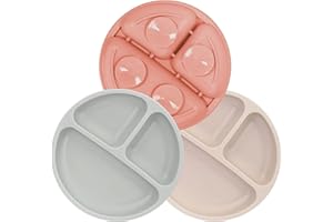 MOJINL Kinderteller mit Saugnapf Rutschfest Silikon Baby Teller BPA Frei Babyteller Kinder Tischset Babygeschirr Spülmaschinenfest für Kleinkinder 3 Stück (Grau/Beige/OrangeRot)