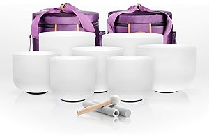 TOPFUND 432Hz Chakra Set of 7 Crystal Singing Bowls 7-12 inch with Heavy Duty Carrying Cases and Singing Bowl Mallets