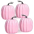 Miaikoe 4 PCS Large Autumn Artificial Pumpkins Decoration Harvest Lifelike Pink Pumpkins for Fall Autumn Halloween Party Thanksgiving Holiday Decor Displaying (Pink)