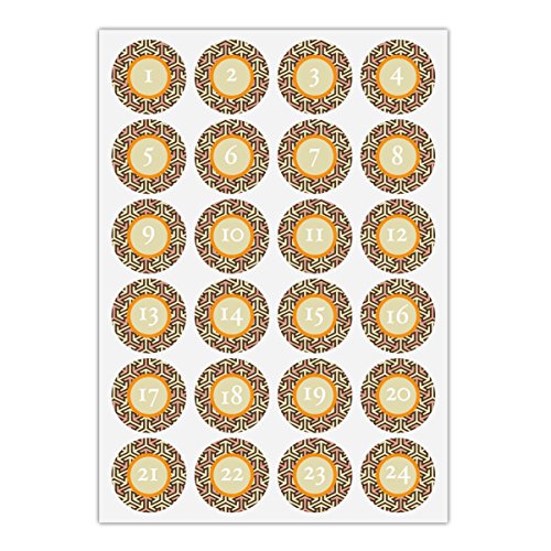 Download 5 x 24 élégants autocollants du calendrier de l'Avent avec les nombres 1 - 24 avec cadre graphique,orange beige, MAT étiquette adhésive en papier, labels, vignettes, stickers pour faire des calendriers de l'Avent, décorer des cadeaux de Noel, décoration du table, des paquets, lettres etc. (ø 45mm; 5 x 24 nombres) Download 5 x 24 élégants autocollants du calendrier de l'Avent avec les nombres 1 - 24 avec cadre graphique,orange beige, MAT étiquette adhésive en papier, labels, vignettes, stickers pour faire des calendriers de l'Avent, décorer des cadeaux de Noel, décoration du table, des paquets, lettres etc. (ø 45mm; 5 x 24 nombres)