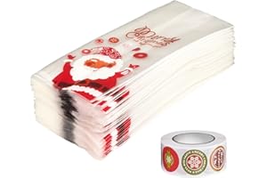 ETERSPR 50PCS Bolsas de Dulces Navideños, con 1 Rollo 500 Adhesivos Navideños, Sellos Adhesivos, Bolsas de Galletas con Patrón de Papá Noel, para Dulces Navideños, Adornos para árboles de Navidad