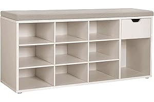 ‎VASAGLE VASAGLE LHS024K03 szafka na buty, regał na buty z szufladą i otwartymi półkami, ławka do siedzenia, tapicerowane siedzisko, korytarz, sypialnia i wejście, 30 x 104 x 48 cm, kolor naturalny