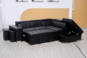 SOFA LAND Black Bonded Leather Corner Sofa Bed - Multi-functional L Shape Suite-Left & Right Suite With Storage And Stools & Ottoman (RIGHT HAND SIDE)
