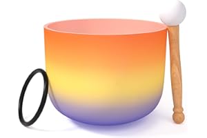 KELIODY 20 cm C Bianco Satinato Cristallo di Quarzo Campana Rice Chakra Singing Bowl Set O-Ring e Mallet Incluso Rilassamento Meditazione (20CM, Arancione Arcobaleno)