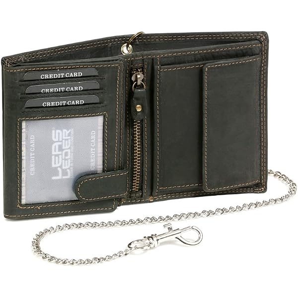 Portafoglio Uomo Vera Pelle Biker – Stile Biker, Trifold, Con Portachiavi E Catena Di Sicurezza