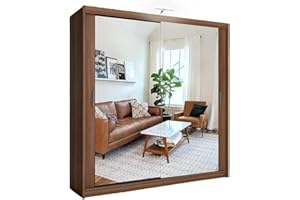 SLIDING WARDROBE 4U Double Mirror Sliding Door Wardrobe with LED LIGHT 90/120/150/180/203 (Walnut, 180cm)