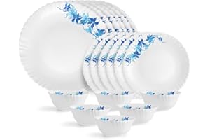 Cello Opalware Dazzle Series Blue Swirl Dinner Set, 18 Units | Opal Glass Dinner Set for 6 | Light-Weight, Daily Use Crockery