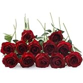 Laelfe 12 Pieces Burgundy Red Artificial Roses, 21" Long Stem | Artificial Flowers for Wedding, Bridal Bouquet, Home Decorati