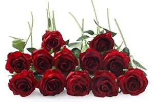 Laelfe 12 Pcs Rosas Artificiales, 21in Realista Largo Tallo Flores Rosas Artificiales para Bodas Hogar Jardín Fiestas Hoteles Decoración (Rojo)