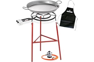 Bricolemar - Set paellera 500 mm + Kit (Paellera 60 cm + supporto rinforzato + regolatore di gas + tubo omologato + grembiule nero) (Set Paellera 500mm + Kit Bricolemar)