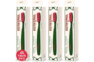 ‎EUTHYMOL Euthymol Klasyczna szczoteczka do zębów x 4, duża pełna głowa, miękkie włosie, potrójna krzywa ergonomiczne ręczne szczoteczki do zębów, wydajne czyszczenie, wrażliwe dziąsła zęby, codzienna