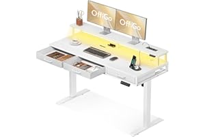 OffiGo Biurko elektryczne z szufladami, 140 cm Biurko z regulacją wysokości i podstawą pod monitor, Biurko z elektryczną z gniazdkami elektrycznymi i listwą oświetleniową, Standing Desk, Biały