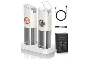 FORLIM Elektrische Salz und Pfeffermühle Set,Pfeffermühle mit Wiederaufladbarer Basis,Automatischer Salzmühle mit LED-Licht,mit Einstellbare Grobheit,aus Edelstahl,für Küche und BBQ,2er Pack,Weiß