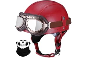 RMBDD Leather Half Helmet German Style Retro Motorcycle Helmet ECE Approved Men Women Vintage Open Face Helmet with Goggles Half Shell Cap Moped Helmet for Chopper Cruiser Scooter Bike