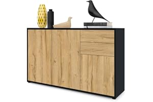 ‎VLADON Vladon Sideboard Ben V3, Kommode mit 3 Türen und 2 Schubladen, Schwarz matt/Eiche Natur (117 x 74 x 36 cm)