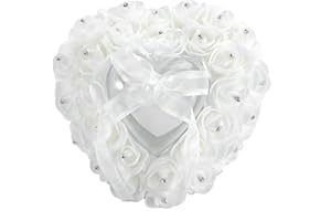 VIFERR Cuscino per Fedi Nuziali, Cuscino Portafedi a Forma di Cuore con Strass Rosa Romantico Scatola Guanciale per Anelli da Matrimonio Bianco