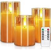 Homemory Gold Glas Flammenlose Kerzen, Batteriebetriebene LED Stumpenkerzen mit Fernbedienung und Timer, Elektrische Kerzen, 
