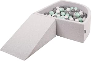 KiddyMoon Spielplatz Aus Schaumstoff Mit Viertel Eckig Bällebad (200 Bälle) Hindernisläufe, Hellgrau:Weiß/Grau/Minze