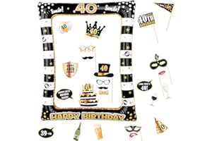 BHGT (24Pcs)40th Birthday Party Inflatable Frame and Photo Booth Props for Her Him Forty Birthday Gold and Black Decorations Family Fun Holiday Party Supplies Theme Party Kit