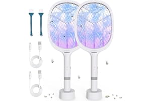 DANGZW Raqueta Matamoscas Electrica (2 uds), 4800V Mata Mosquitos Electrico 2en1 con Base de Carga USB-C, Batería Recargable 1800mAh & LED UV, Raqueta Mosquitos Electrica para Mosquitos Moscas Abejas