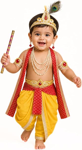 ITSMYCOSTUME Krishna Dress for Baby Boy Kids Set of 10(Dhoti,Patka,Hip Cover,Mukut,Morpankh,Bansuri,Kamarband,Bajuband,Kundal) Little Krishna Ji Kanha Janmasthm