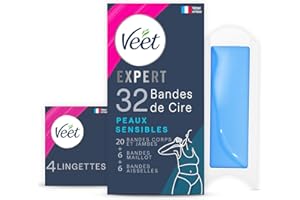 Veet EXPERT - 32 Bandes De Cire Froide Coffret Jambes, Maillot & Aisselles - Peaux Sensibles - Finition Parfaite - Epilation Longue Durée