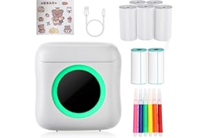 RIOKKO Stampante fotografica per smartphone, Mini stampante portatile per smartphone, stampante termica senza fili, con cavo USB e 7 rotoli di carta termica, per diario, viaggi (bianco)