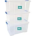 KLASS 3 x 50 Litre Storage Boxes with Lids, Clip-Lock Lid, Clear Plastic Storage Box Containers, Multipurpose Medium Plastic Box, Sturdy Stackable Storage Boxes For Home & Office