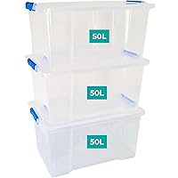 Klass Home Collection 3 x 50 Litre Storage Boxes with Lids Set of 3, Clip-Lock Lid, Sturdy 50L Clear Stackable Plastic Storag