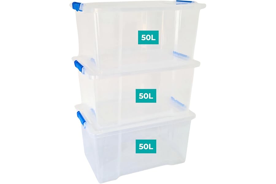 Klass Home Collection 3 x 50 Litre Storage Boxes with Lids Set of 3, Clip-Lock Lid, Sturdy 50L Clear Stackable Plastic Storage Box With Lid Containers For Home, Kitchen, Moving, Garage & Office