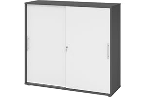 ‎BÜMÖ bümö Schiebetürenschrank 3OH - Aktenschrank abschließbar, Sideboard Schrank mit Schiebetüren in Graphit/Weiß, Relinggriff - Büroschrank aus Holz mit Schiebetür, Büro Kommode für Ordner & Co.