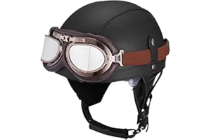 BDTOT Retro Motorrad Halbhelme Leder Halbhelm Deutscher Stil Roller Cruiser Chopper Anti-Collision Helm Abnehmbarer Gehörschutz mit Visier ECE Zertifiziert Roller-Helm Scooter Mofa-Helm, L=59~60cm
