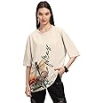 HELLCAT Beige Trendy Printed Oversized T-Shirt for Women