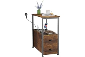 Rcynview Tavolino da salotto, comodino con presa, sottile, porte USB, 60 x 30 x 61 cm, minimalista in legno, comodino con contenitore per soggiorno, camera da letto, marrone vintage-nero