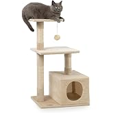 Lionto Cat Tree Scratching Post 3 Levels, 85 cm, Beige | Compact scratching post with plush ball, cave, resting surface and s