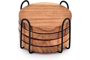 EDHAS Acacia Wood Coasters for Drinks with Iron Holder Stand for Coffee Table, Tabletop Protection Decor, Set of 4