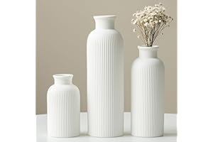 VIVIDFLOW Modern White Ceramic Vase Set, Ribbed Design, Decorative Flower Vases for Home Decor, Living Room, Kitchen, 3-Piece Set (White)