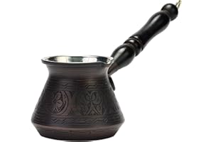 DEMMEX Thick Copper Turkish Greek Arabic Coffee Pot 300ml, Traditional Hand Engraved Cezve Ibrik Briki with Wooden Handle & Spoon, Handmade in Turkey (Antique)