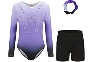 CUCUDY Gymnastics Leotards Set For Dancing Girls - Long Sleeve & Sleeveless Leotards with Shorts and Headband Gradient Color Sparkling Ballet Dancing Unitards Gymnastics Outfit Gift for 110-150cm Girls