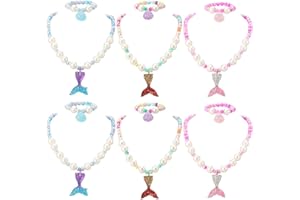 powerking Mädchen Halskette Armband Ohrring Set, 6 Set kleine Mädchen und Kinder Perlen Schmuck Halskette und Armband Set mit Meerjungfrau Anhänger für Dress Up Pretend Play Mitbringsel