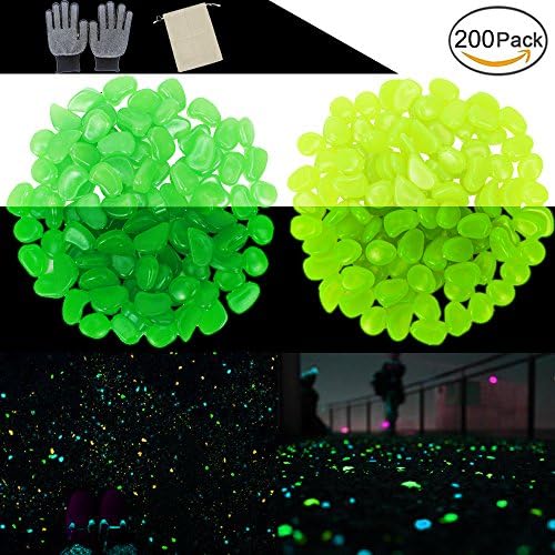 JUSLIN 200pcs Glow in the Dark Garden Pebbles Glow Stone with Gardening Gloves and Linen Bag
