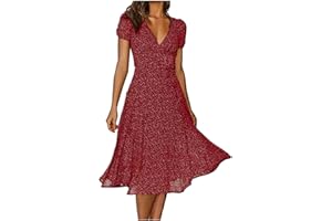 Zeiayuas Casual Midi Chiffon Dress for Women Summer Boho V Neck Short Sleeve Dresses Smocked Sexy Dresses Vintage Evening Dress Elegant Polka Dots Beach Holiday Prom Dress